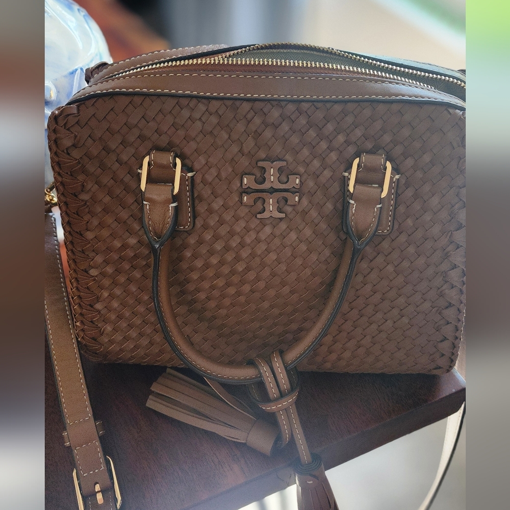 Tory Burch Brown and Gold Satchel with Woven Design
